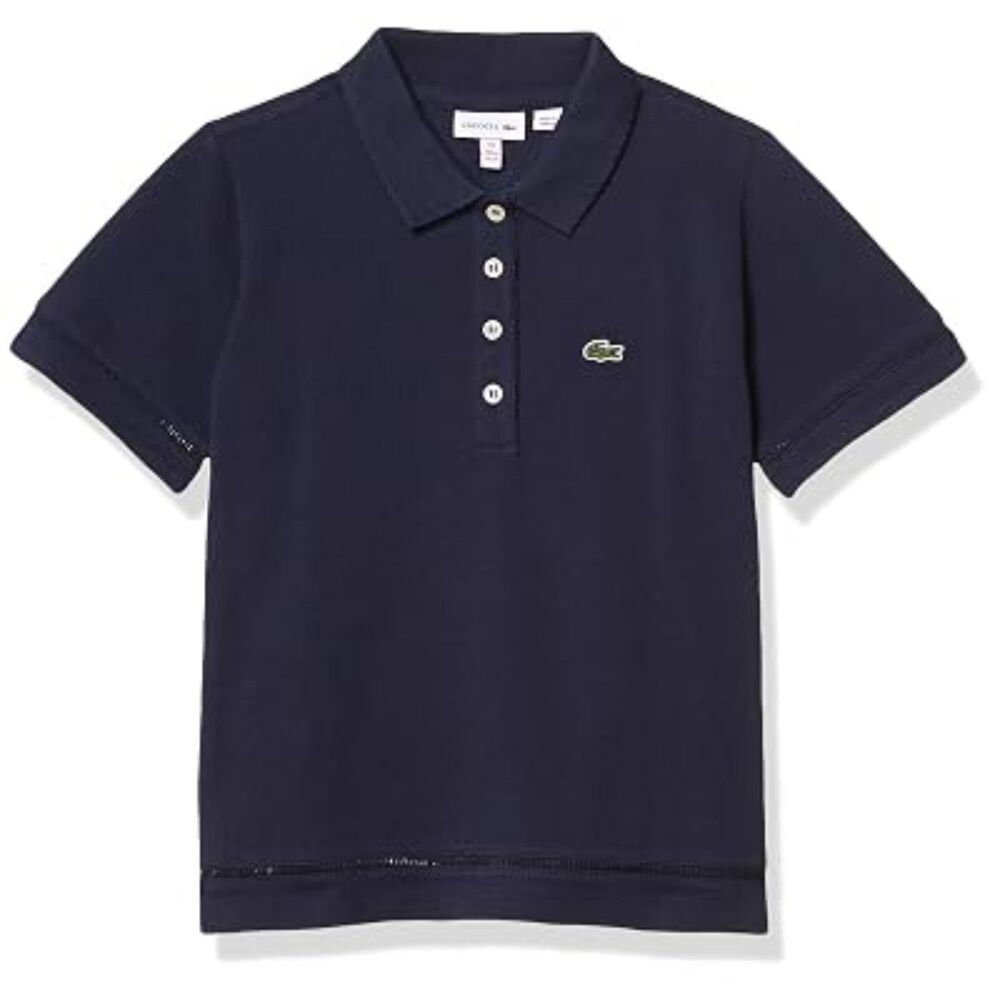 Lacoste Girls Size 8 Navy Blue Cropped Boxy Piqué Polo Shirt Openwork Trim